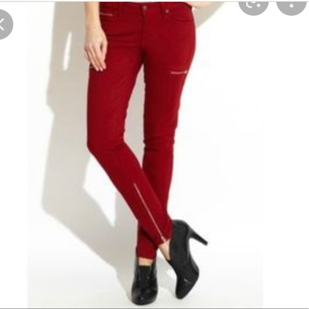 WORK red mid rise skinny jeans with gold details